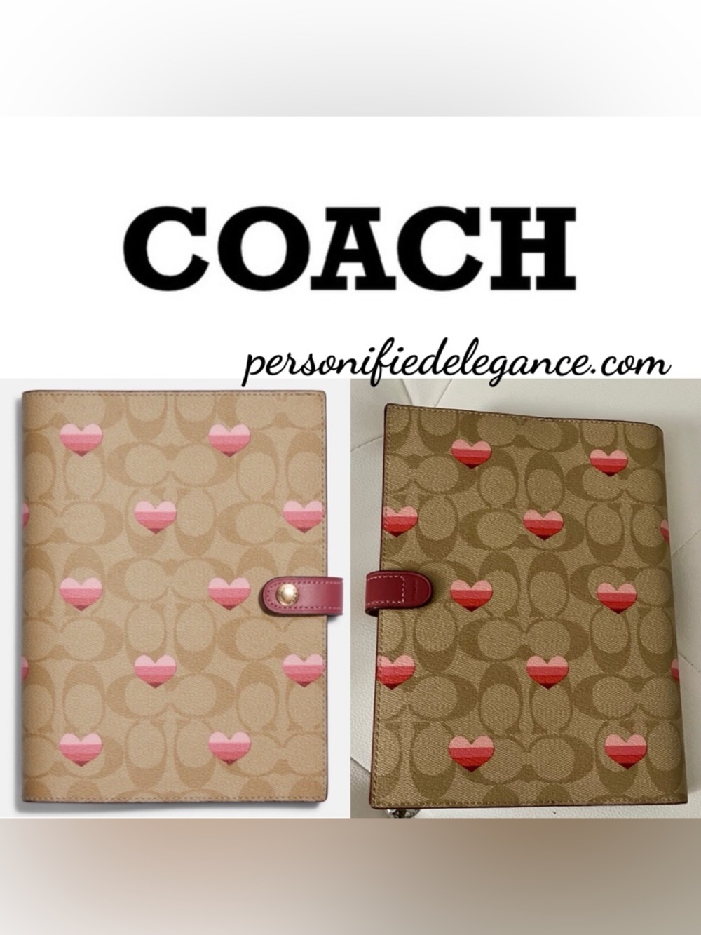 NEW Coach Signature Coated Canvas Leather Heart Stripe Light Khaki Pink Notebook